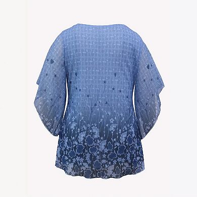 Women's Plus Size Floral Print Blouse Square Neck Flare Sleeve Double Layer Top