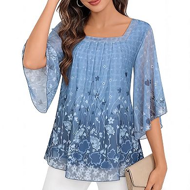 Women's Plus Size Floral Print Blouse Square Neck Flare Sleeve Double Layer Top