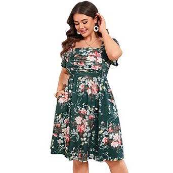 Plus Size Square Neck Floral Midi Dress for Women - Ruched Short Sleeve Casual Dress with Pockets