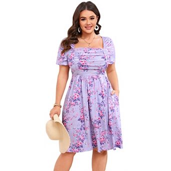 Plus Size Square Neck Floral Midi Dress for Women - Ruched Short Sleeve Casual Dress with Pockets