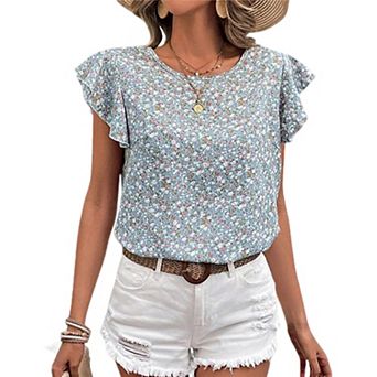 Women's Ditsy Floral Ruffle Short Sleeve Boho Top Summer Casual Round Neck Blouse Loose Shirt