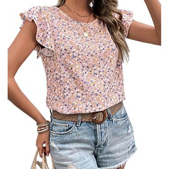 Women's Ditsy Floral Ruffle Short Sleeve Boho Top Summer Casual Round Neck Blouse Loose Shirt