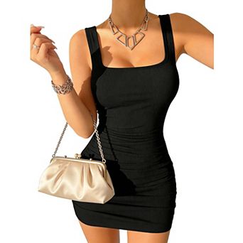 Fits Like a Glove: Square Neck Ruched Bodycon Mini Dress - Ribbed Knit Sleeveless Party Dress