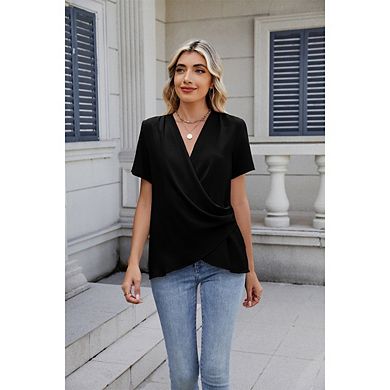 Women's V Neck Low Cut Short Sleeve T Shirt Solid Color Tee Top Blouse