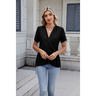 Women's V Neck Low Cut Short Sleeve T Shirt Solid Color Tee Top Blouse