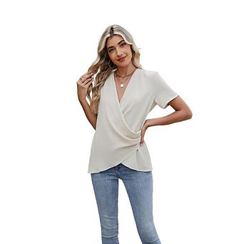 Women's V Neck Low Cut Short Sleeve T Shirt Solid Color Tee Top Blouse