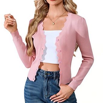 Women's V-Neck Cardigan with Scallop Trim Fitted Long Sleeve Casual Open Front Layering Sweater
