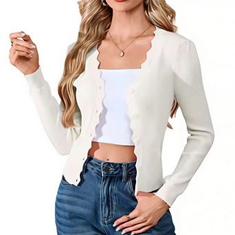 Women's V-Neck Cardigan with Scallop Trim Fitted Long Sleeve Casual Open Front Layering Sweater