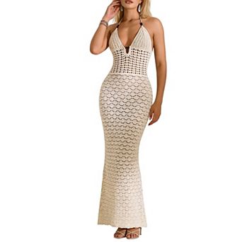 Women's Crochet Maxi Cover Up Dress - Halter Neck Open Back Beach Vacation Swimsuit Cover Ups