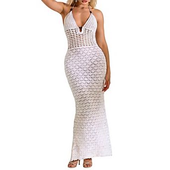 Women's Crochet Maxi Cover Up Dress - Halter Neck Open Back Beach Vacation Swimsuit Cover Ups