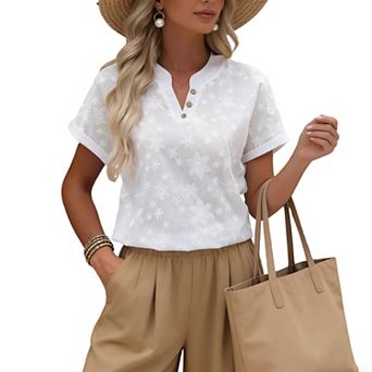 Women's Floral Embroidered V-Neck Blouse - Button Detail Short Sleeve Flowy Casual Summer Top