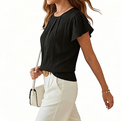 Women's Casual Ruffle Sleeve Pleated Blouse - Round Neck Keyhole Back Crinkled Summer Top