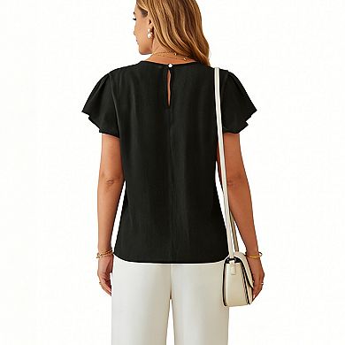 Women's Casual Ruffle Sleeve Pleated Blouse - Round Neck Keyhole Back Crinkled Summer Top