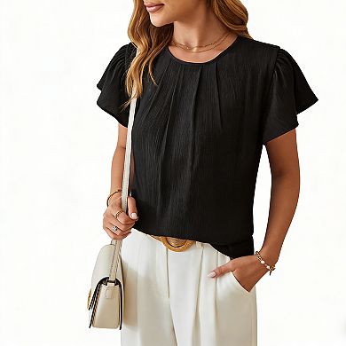 Women's Casual Ruffle Sleeve Pleated Blouse - Round Neck Keyhole Back Crinkled Summer Top