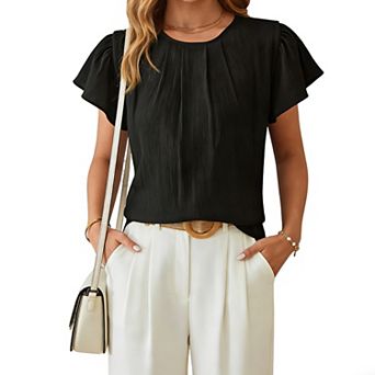 Women's Casual Ruffle Sleeve Pleated Blouse - Round Neck Keyhole Back Crinkled Summer Top
