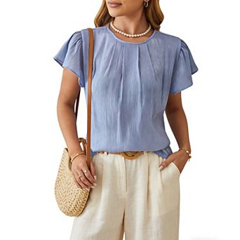 Women's Casual Ruffle Sleeve Pleated Blouse - Round Neck Keyhole Back Crinkled Summer Top