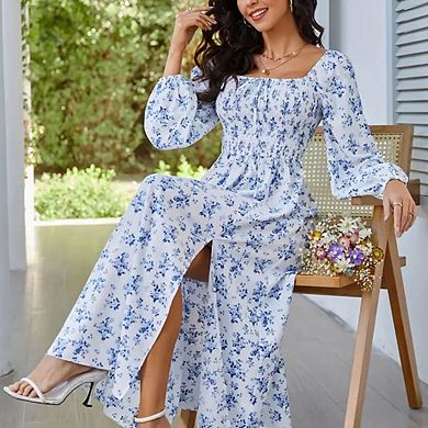 Women's Square Neck Floral Long Sleeve Split Printed Boho Smocked Tiered Flowy Maxi Dress
