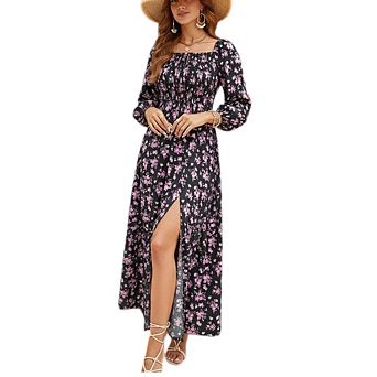 Women's Square Neck Floral Long Sleeve Split Printed Boho Smocked Tiered Flowy Maxi Dress