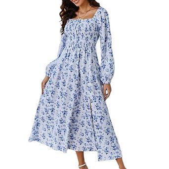Women's Square Neck Floral Long Sleeve Split Printed Boho Smocked Tiered Flowy Maxi Dress