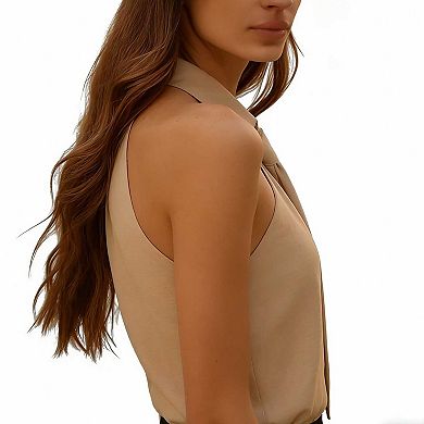 Women's Collared Tie Front Halter Top, Sleeveless Collar Neck Blouse for Office Wear