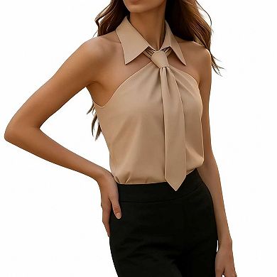 Women's Collared Tie Front Halter Top, Sleeveless Collar Neck Blouse for Office Wear