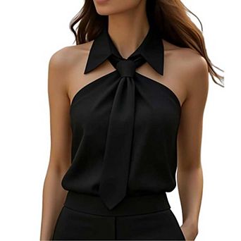 Women's Collared Tie Front Halter Top, Sleeveless Collar Neck Blouse for Office Wear