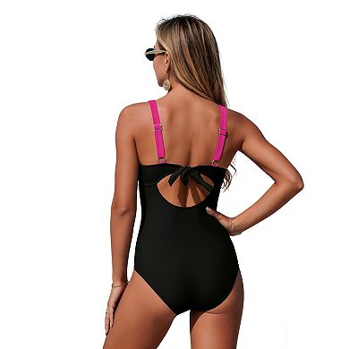 Women's Color Block Keyhole One Piece Swimsuit with Tie Back Adjustable Straps Bathing Suit