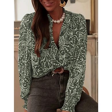 Women's Boho Long Sleeve Blouse V Neck Paisley Top Shirt for Work Beach
