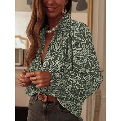 Women's Boho Long Sleeve Blouse V Neck Paisley Top Shirt for Work Beach