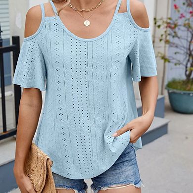 Womens Cold Shoulder Top Basic T Shirts 3/4 Sleeve Casual Blouse Tshirts