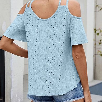 Womens Cold Shoulder Top Basic T Shirts 3/4 Sleeve Casual Blouse Tshirts
