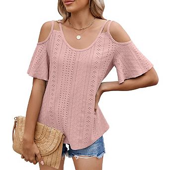 Womens Cold Shoulder Top Basic T Shirts 3/4 Sleeve Casual Blouse Tshirts