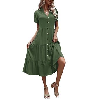 Women's V Neck Midi Shirt Dress Short Sleeves Button Front Tiered Ruffle for Casual Office Wear