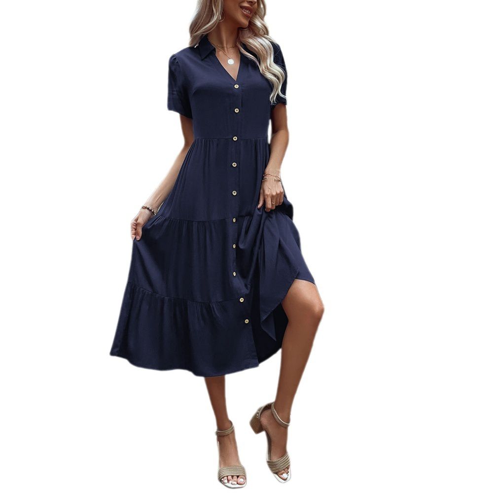 Женские платья V Neck Midi Shirt Dress Short Sleeves Button Front Tiered Ruffle for Casual Office Wear