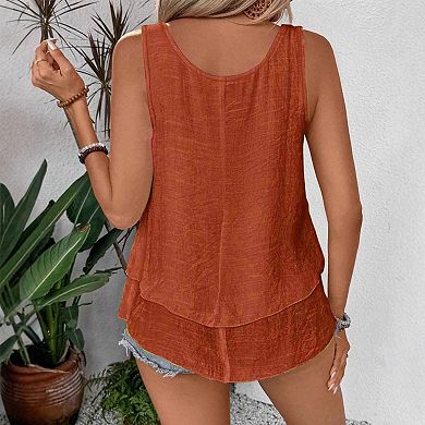 Women's Summer Double Layered Flowy Tank Top Scoop Neck Sleeveless Casual Cami Top