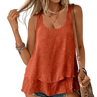 Women's Summer Double Layered Flowy Tank Top Scoop Neck Sleeveless Casual Cami Top