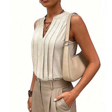 Women's Sleeveless Pleated Split Neck Blouse - Lightweight Flowy Casual Summer Top