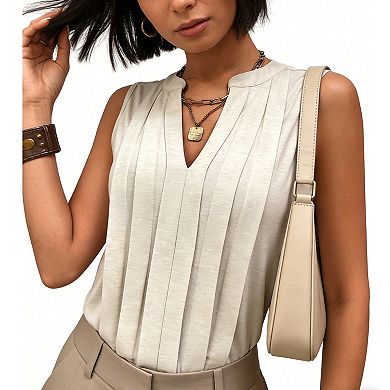 Women's Sleeveless Pleated Split Neck Blouse - Lightweight Flowy Casual Summer Top