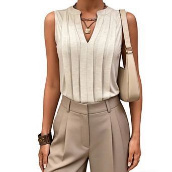 Women's Sleeveless Pleated Split Neck Blouse - Lightweight Flowy Casual Summer Top