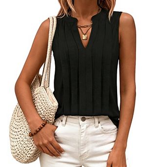 Women's Sleeveless Pleated Split Neck Blouse - Lightweight Flowy Casual Summer Top