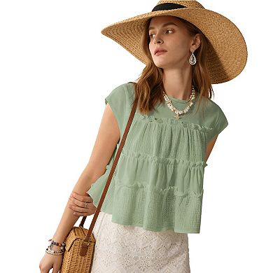 Women's Flowey Cap Sleeve Tiered Ruffle Blouse - Lightweight Crinkled Casual Summer Top
