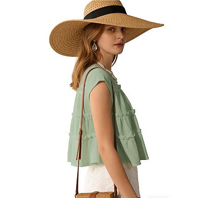 Women's Flowey Cap Sleeve Tiered Ruffle Blouse - Lightweight Crinkled Casual Summer Top