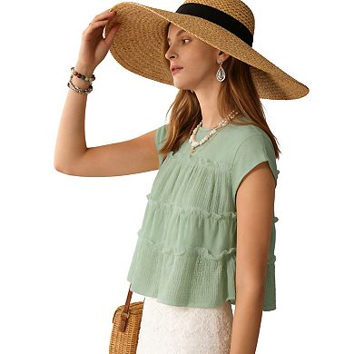 Women's Flowey Cap Sleeve Tiered Ruffle Blouse - Lightweight Crinkled Casual Summer Top