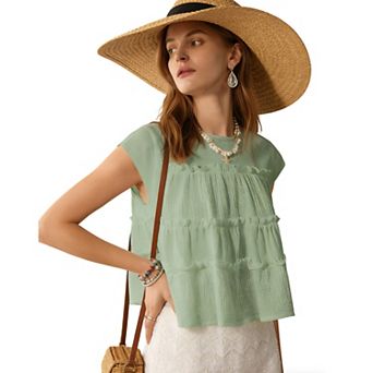 Women's Flowey Cap Sleeve Tiered Ruffle Blouse - Lightweight Crinkled Casual Summer Top