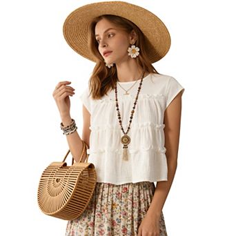 Women's Flowey Cap Sleeve Tiered Ruffle Blouse - Lightweight Crinkled Casual Summer Top