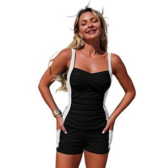 Ruffled Ruched Crop Tank Top with Side Pocket Shorts Two Piece Swimsuit