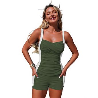 Ruffled Ruched Crop Tank Top with Side Pocket Shorts Two Piece Swimsuit