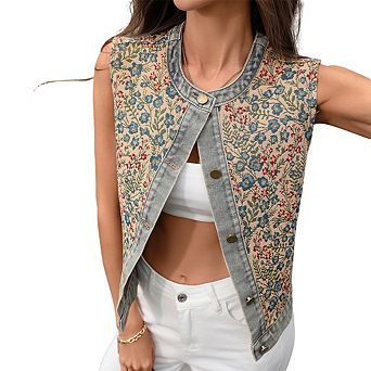 Women's Floral Denim Trim Vest Sleeveless Button Front Cropped Waistcoat