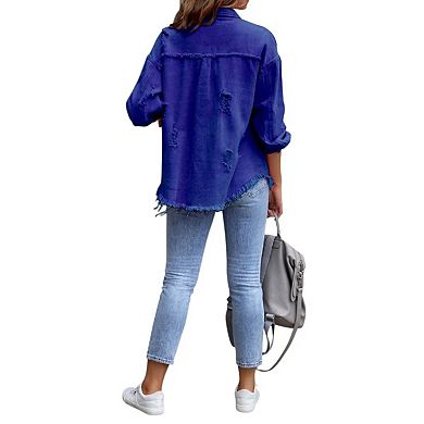 Women's Oversized Denim Jacket Casual Long Sleeve Denim Shirts Distresse Jean Jacket Fall Outfits