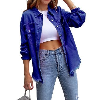 Women's Oversized Denim Jacket Casual Long Sleeve Denim Shirts Distresse Jean Jacket Fall Outfits